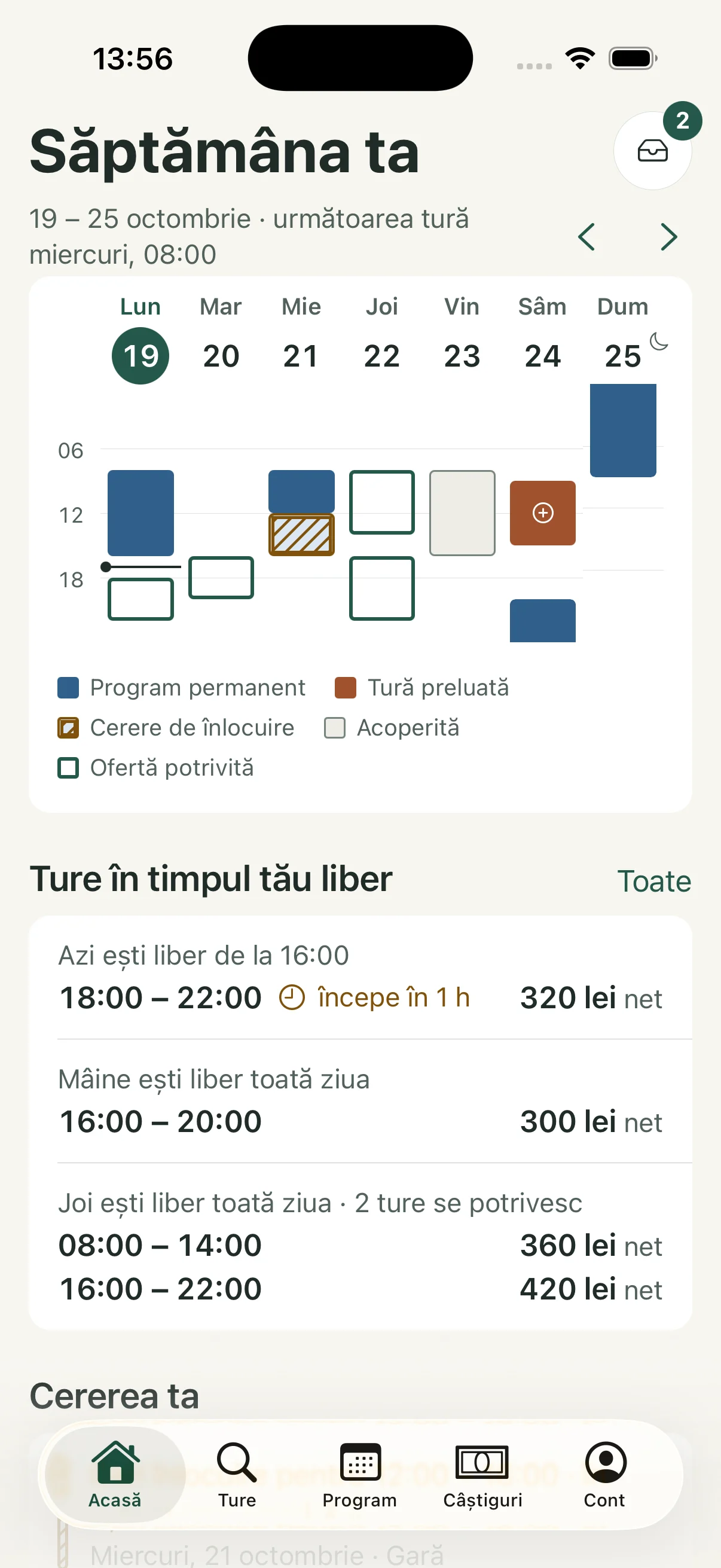 Săptămâna ta: program permanent albastru, tură preluată arămie cu plus în cerc, cerere hașurată și oferte în timpul liber.